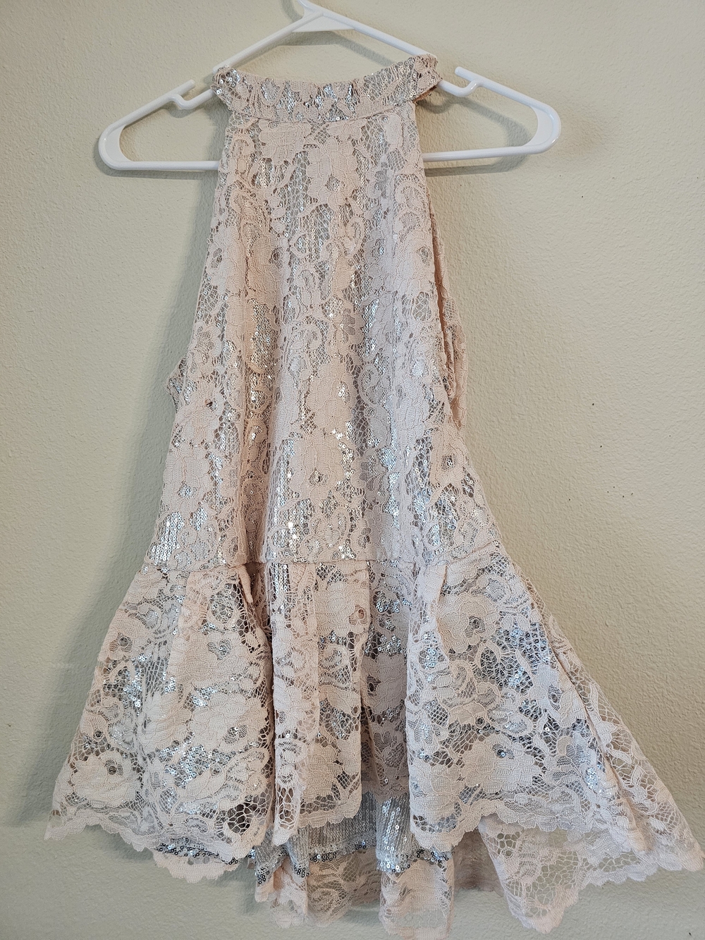 VENUS Blush Pink Lace Halter Tank Top with Silver Sequin Accents
